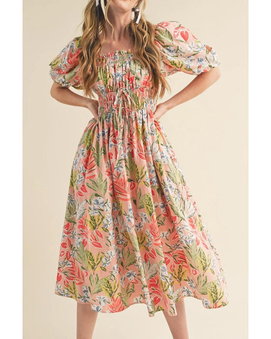 Apricot Pink Floral Smocked Bust Bubble Short Sleeve Maxi Dress