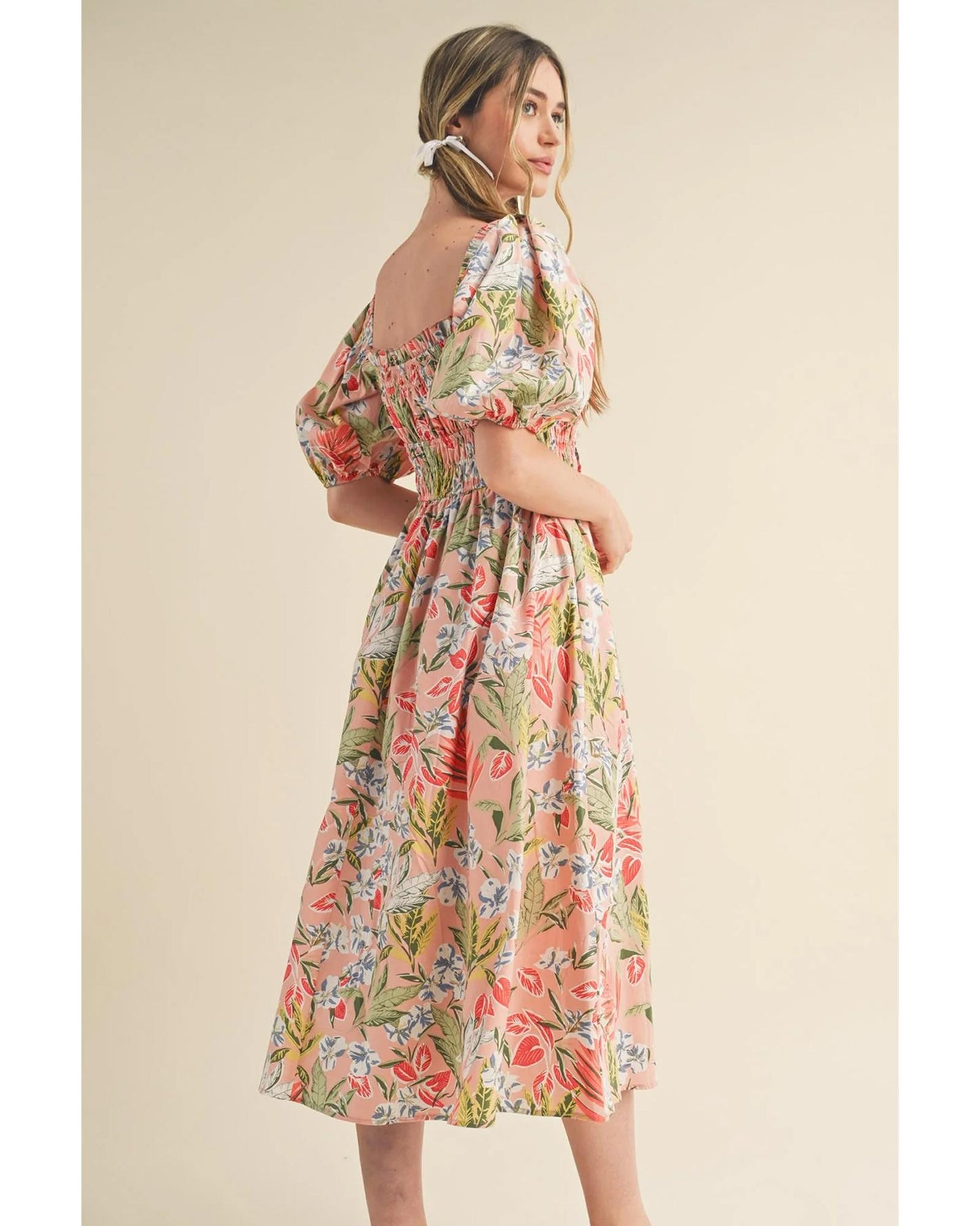 Apricot Pink Floral Smocked Bust Bubble Short Sleeve Maxi Dress