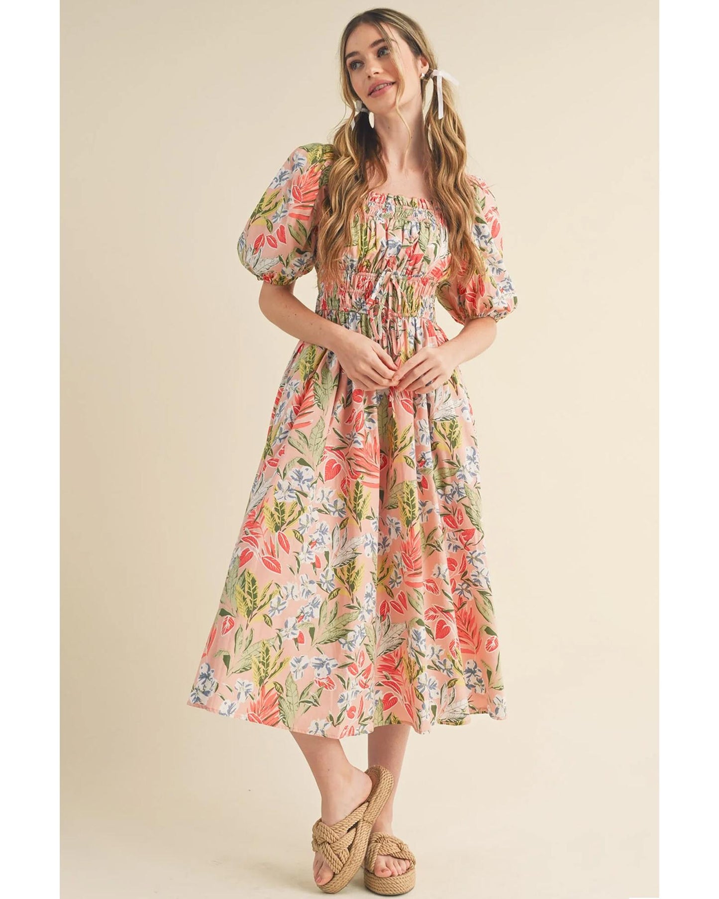 Apricot Pink Floral Smocked Bust Bubble Short Sleeve Maxi Dress