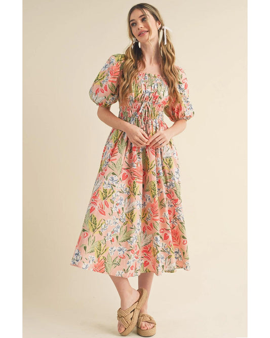 Apricot Pink Floral Smocked Bust Bubble Short Sleeve Maxi Dress