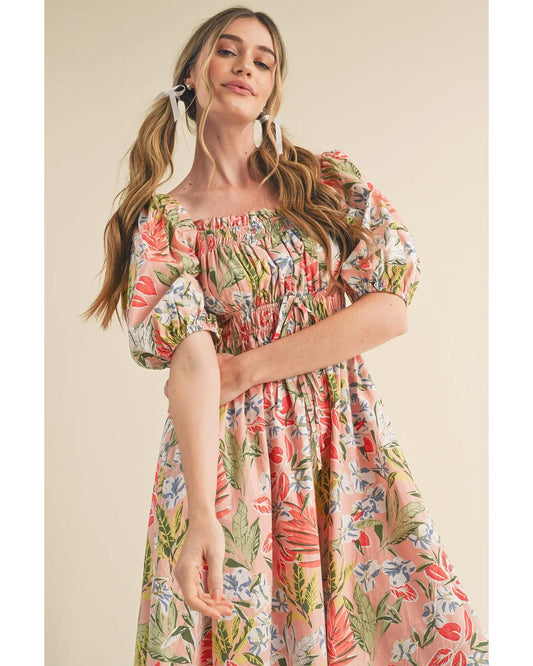 Apricot Pink Floral Smocked Bust Bubble Short Sleeve Maxi Dress