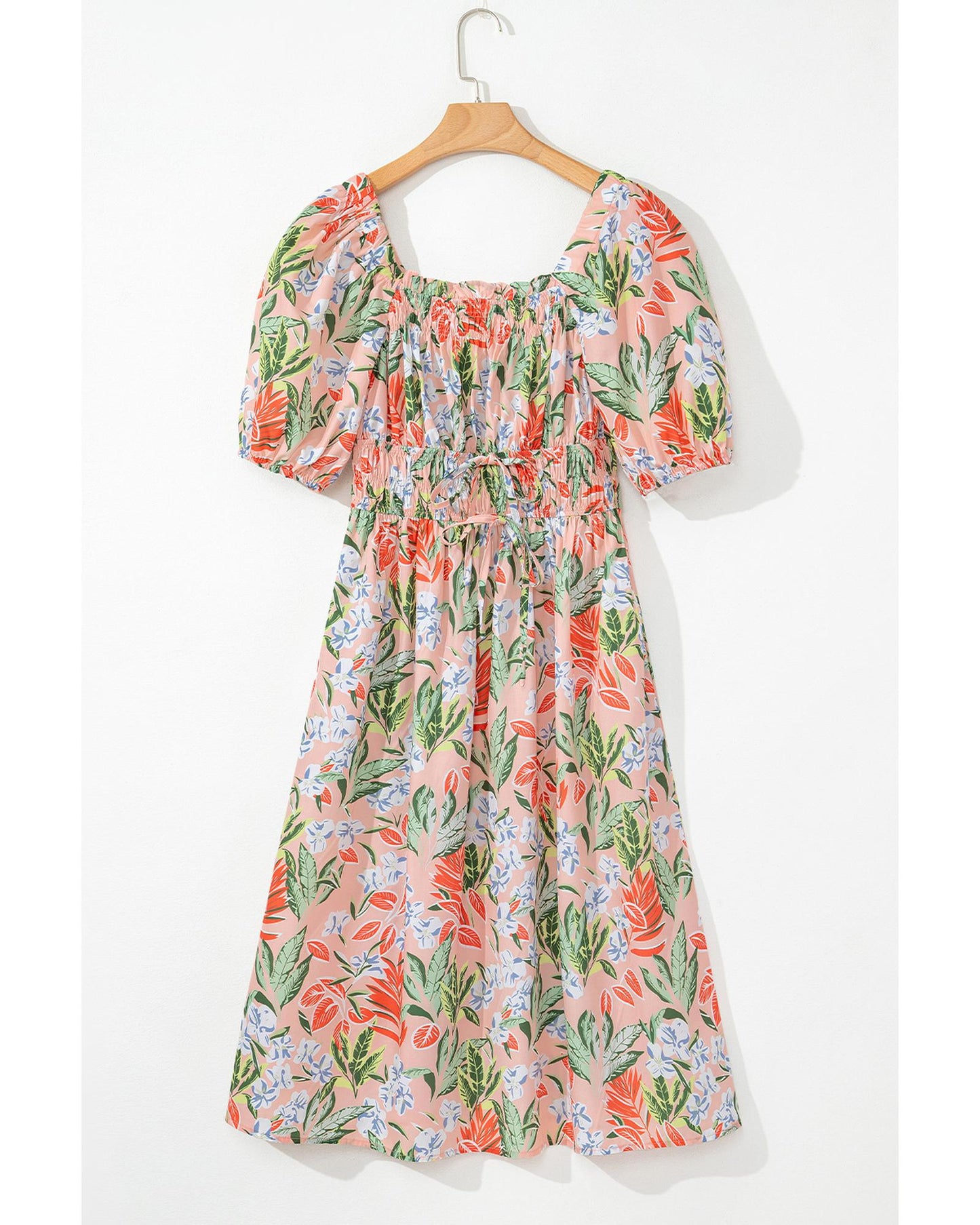 Apricot Pink Floral Smocked Bust Bubble Short Sleeve Maxi Dress