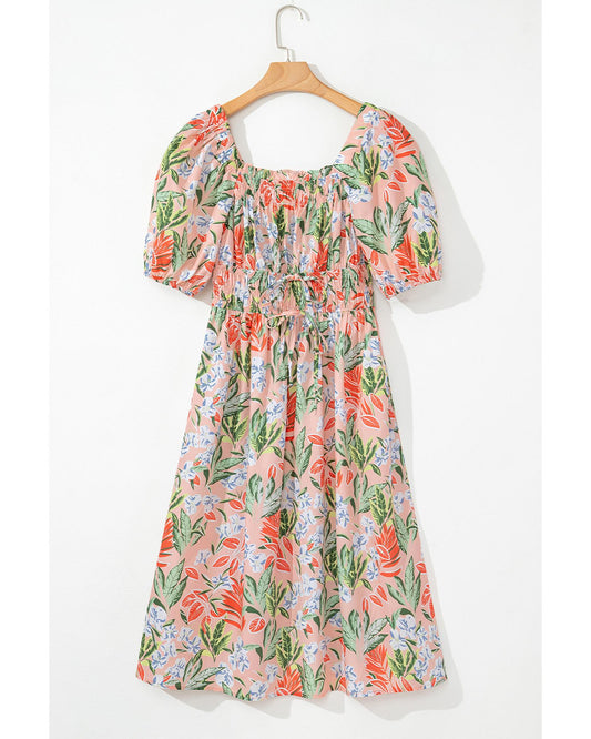 Apricot Pink Floral Smocked Bust Bubble Short Sleeve Maxi Dress