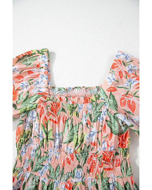 Apricot Pink Floral Smocked Bust Bubble Short Sleeve Maxi Dress