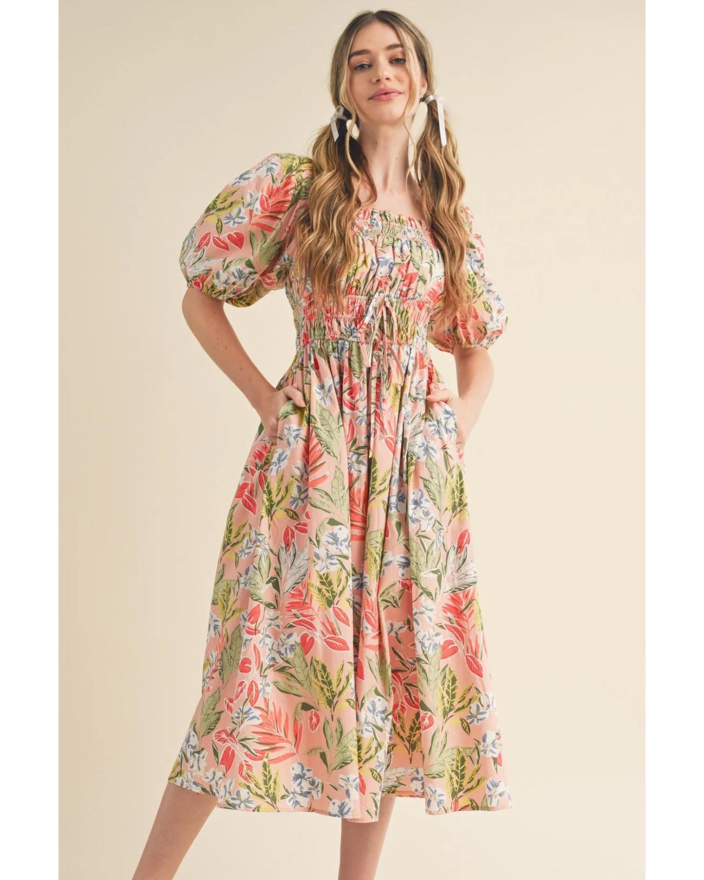 Apricot Pink Floral Smocked Bust Bubble Short Sleeve Maxi Dress