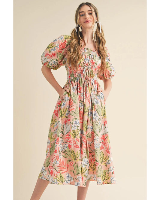 Apricot Pink Floral Smocked Bust Bubble Short Sleeve Maxi Dress