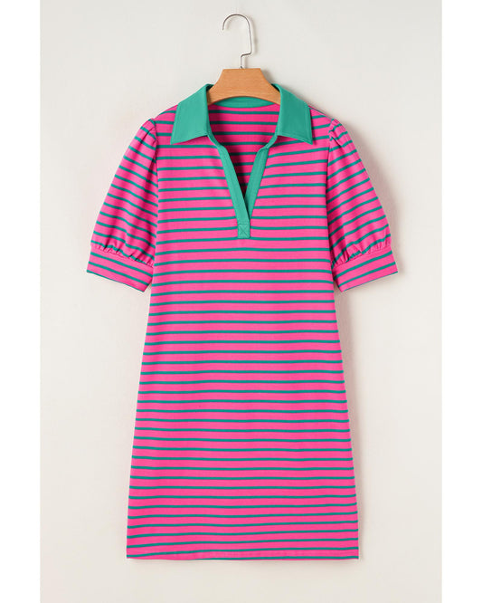 Azura Exchange Pink Stripe Collared V Neck Puff Sleeve T Shirt Dress - L