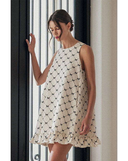 White Bow Checker Pearled Buttons Back Ruffled Sleeveless Mini Dress - L