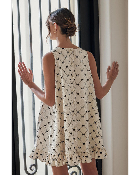 White Bow Checker Pearled Buttons Back Ruffled Sleeveless Mini Dress - L