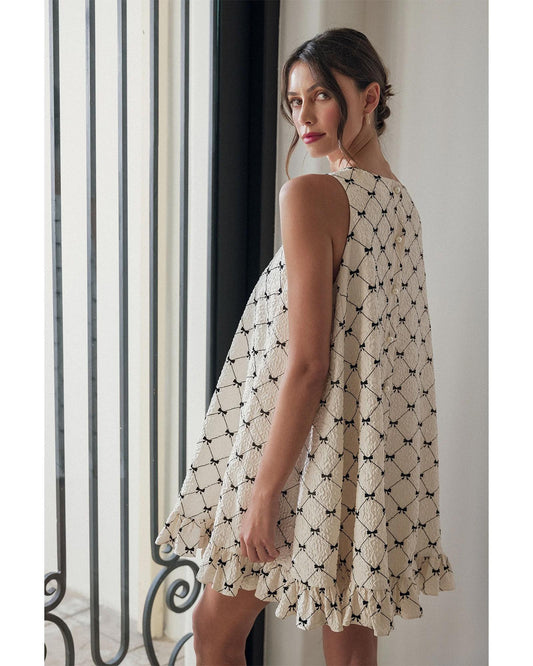 White Bow Checker Pearled Buttons Back Ruffled Sleeveless Mini Dress - L