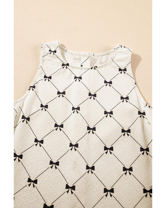 White Bow Checker Pearled Buttons Back Ruffled Sleeveless Mini Dress - L
