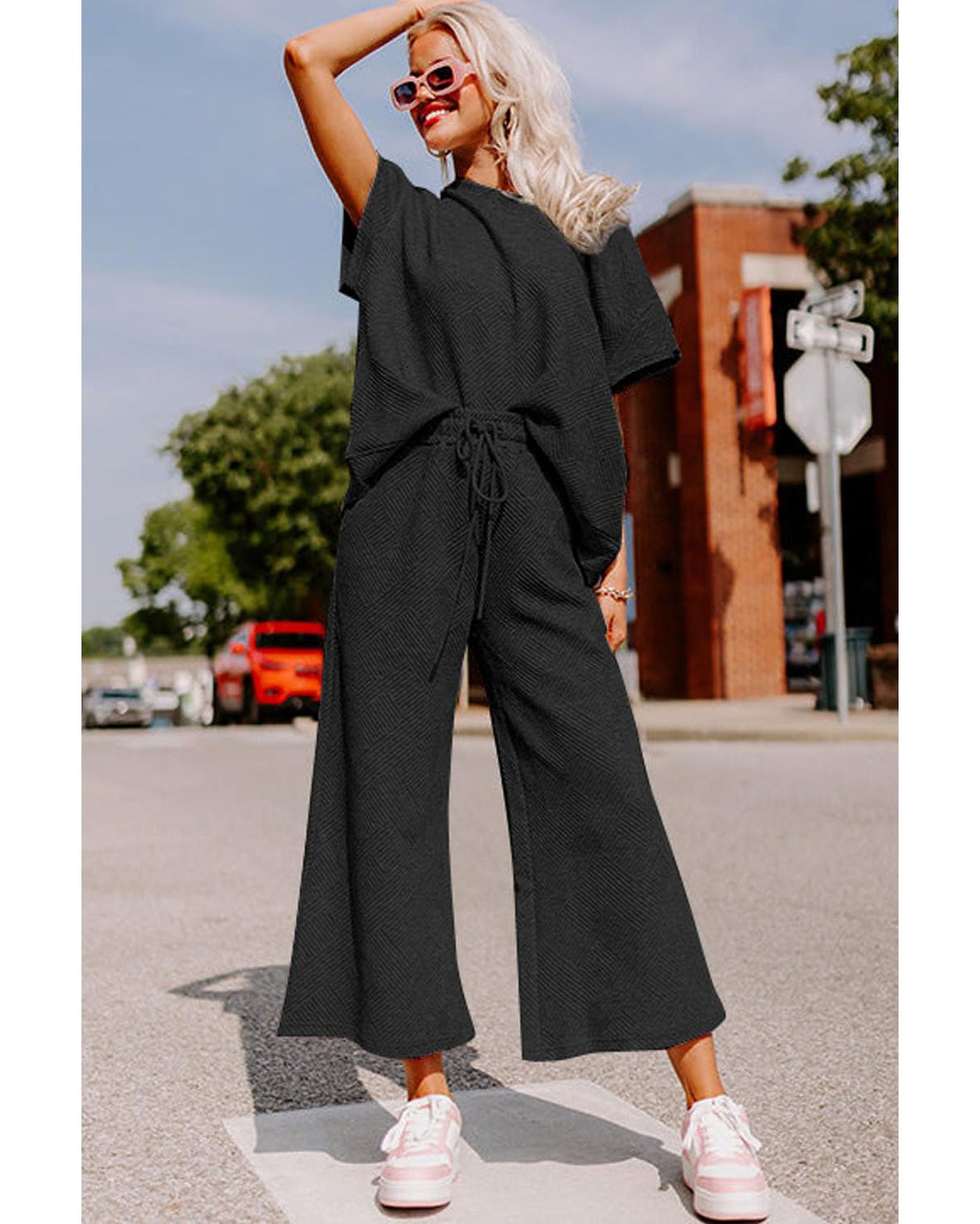 Textured Loose Fit T Shirt and Drawstring Pants