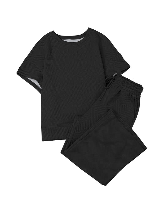 Textured Loose Fit T Shirt and Drawstring Pants