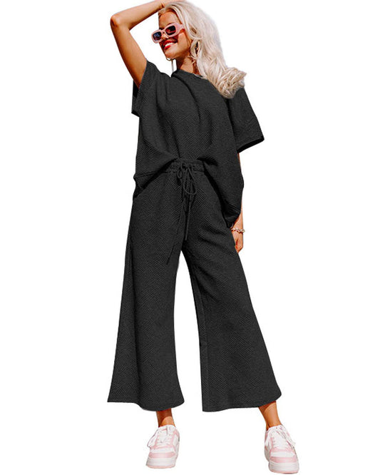 Textured Loose Fit T Shirt and Drawstring Pants