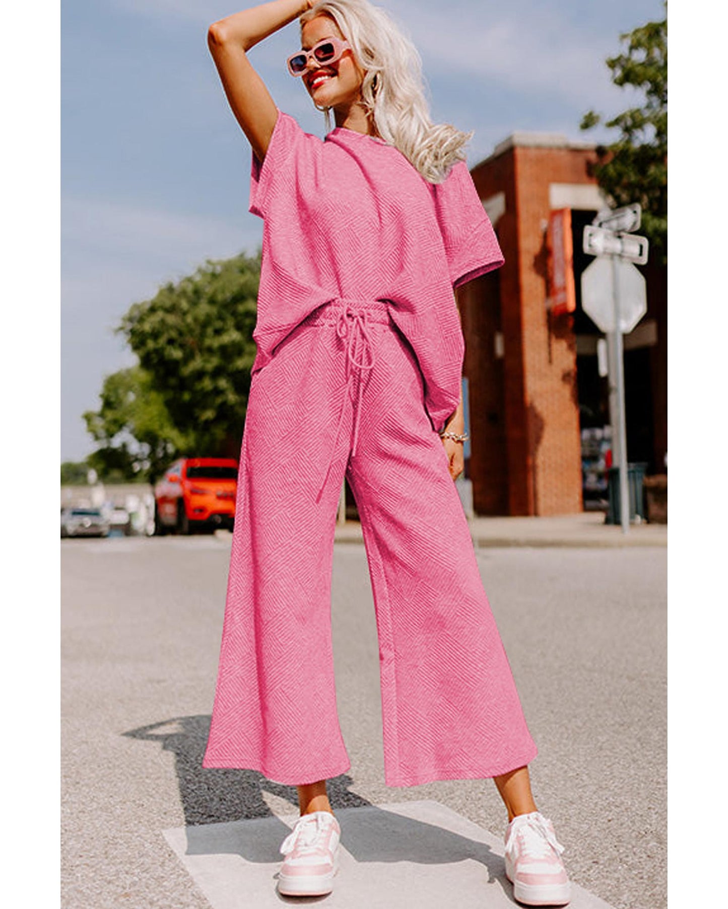 Textured Loose Fit T Shirt and Drawstring Pants