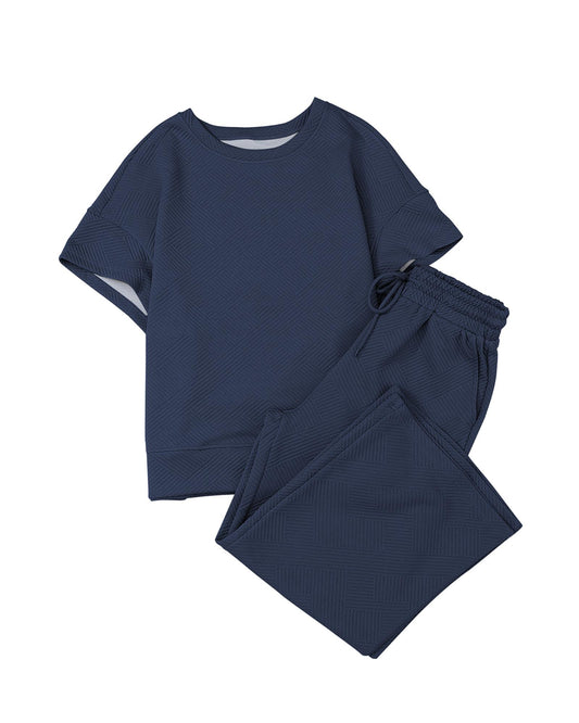 Textured Loose Fit T Shirt and Drawstring Pants
