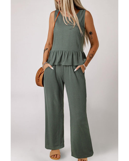 Ribbed Ruffle Tank Top and Pants Set