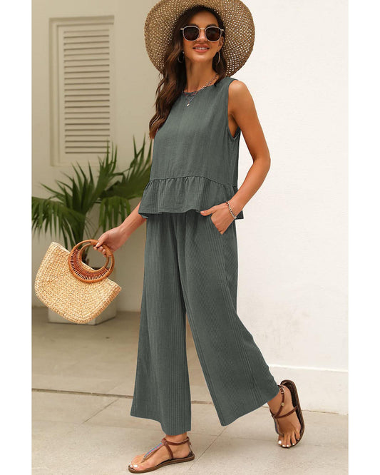 Ribbed Ruffle Tank Top and Pants Set
