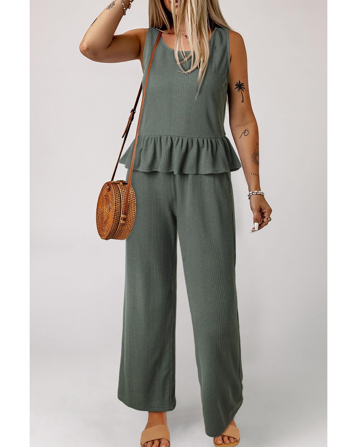 Ribbed Ruffle Tank Top and Pants Set