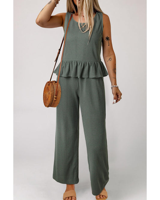 Ribbed Ruffle Tank Top and Pants Set
