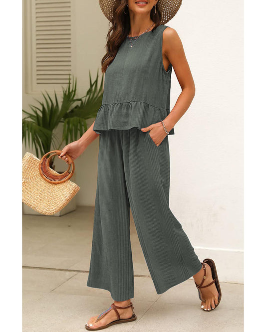 Ribbed Ruffle Tank Top and Pants Set