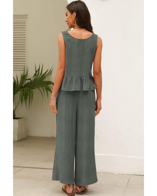 Ribbed Ruffle Tank Top and Pants Set