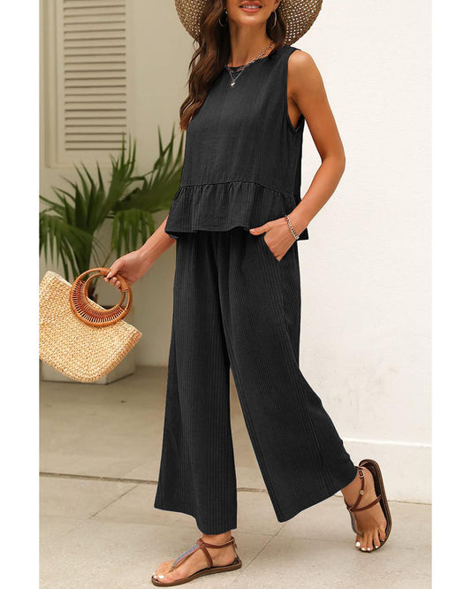 Ribbed Ruffle Tank Top and Pants Set