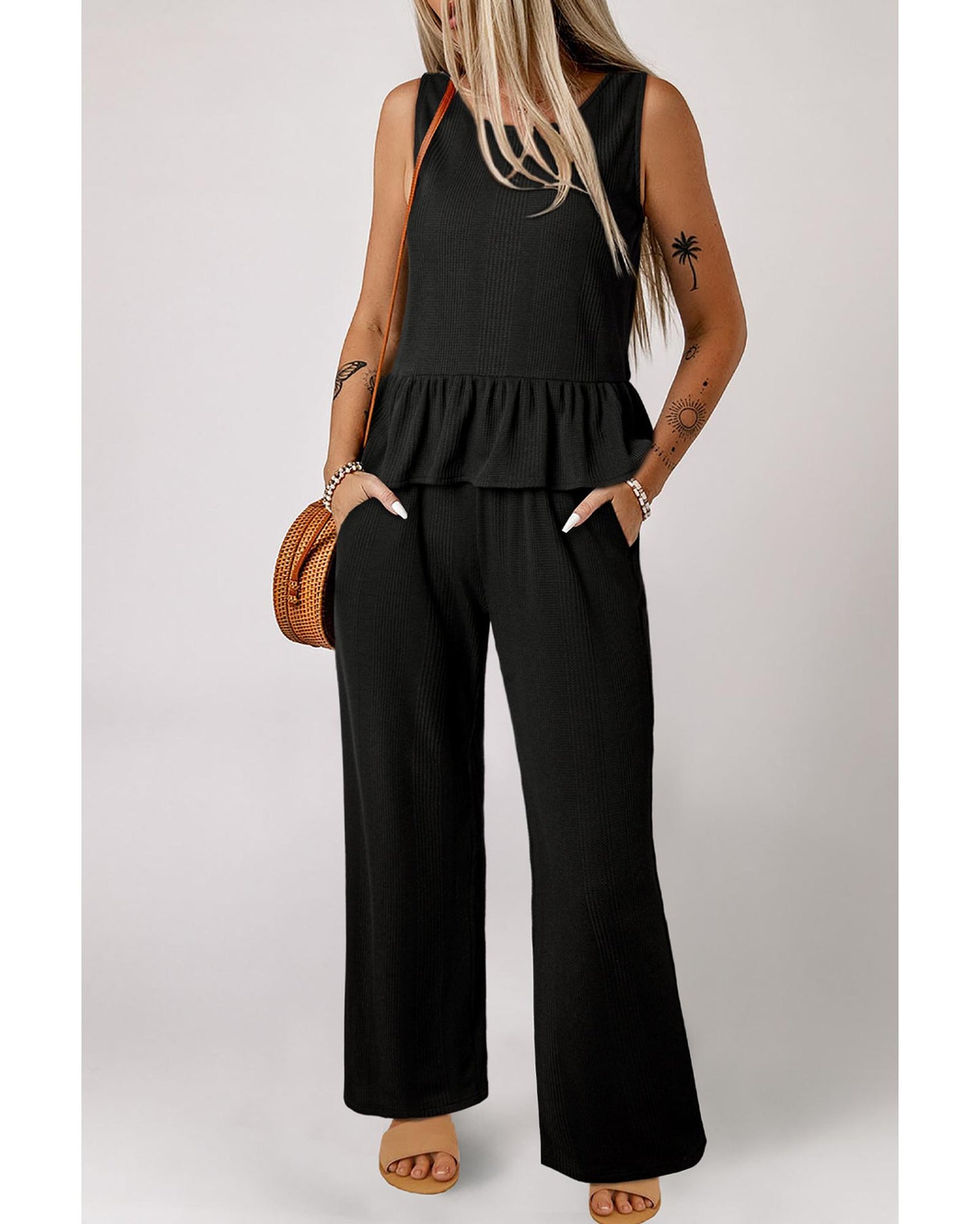 Ribbed Ruffle Tank Top and Pants Set