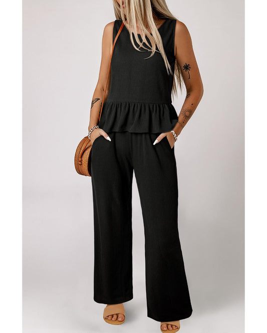 Ribbed Ruffle Tank Top and Pants Set