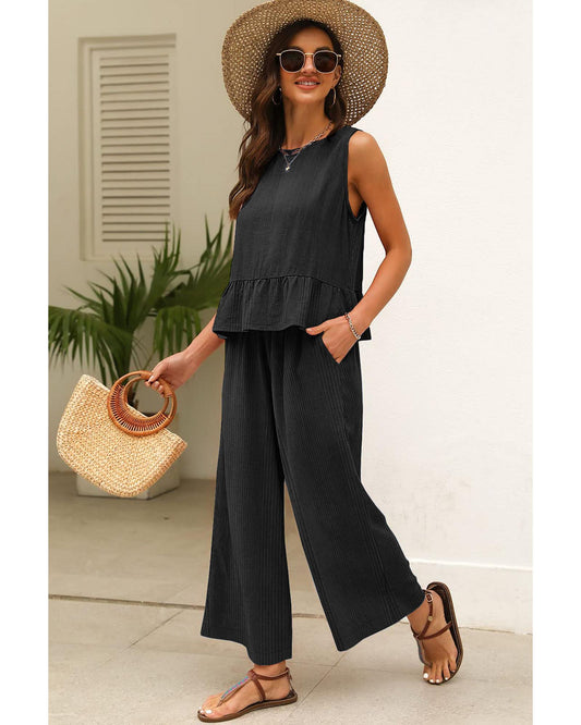 Ribbed Ruffle Tank Top and Pants Set