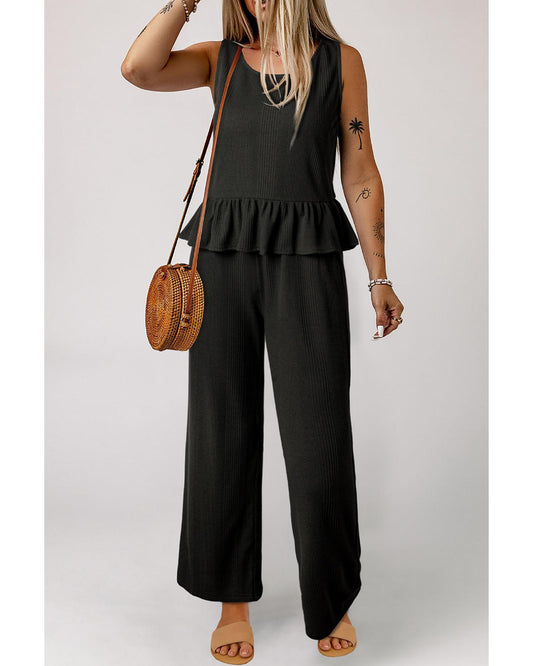 Ribbed Ruffle Tank Top and Pants Set