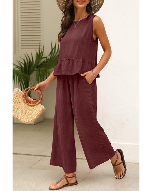 Ribbed Ruffle Tank Top and Pants Set