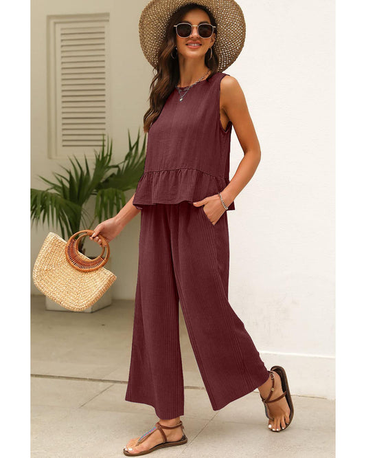 Ribbed Ruffle Tank Top and Pants Set