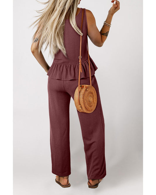 Ribbed Ruffle Tank Top and Pants Set
