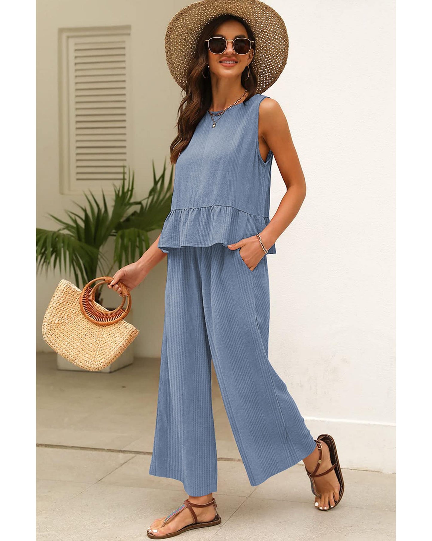 Ribbed Ruffle Tank Top and Pants Set