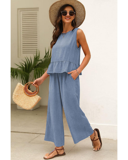 Ribbed Ruffle Tank Top and Pants Set