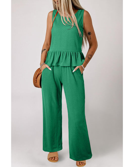 Ribbed Ruffle Tank Top and Pants Set