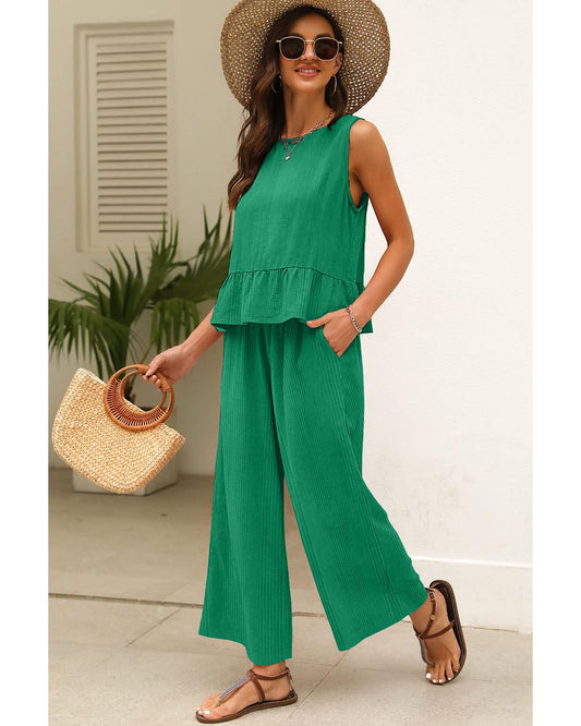Ribbed Ruffle Tank Top and Pants Set