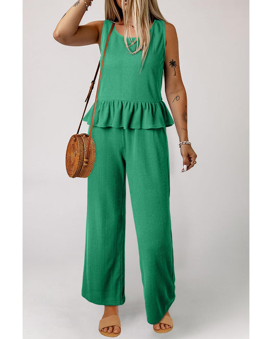 Ribbed Ruffle Tank Top and Pants Set