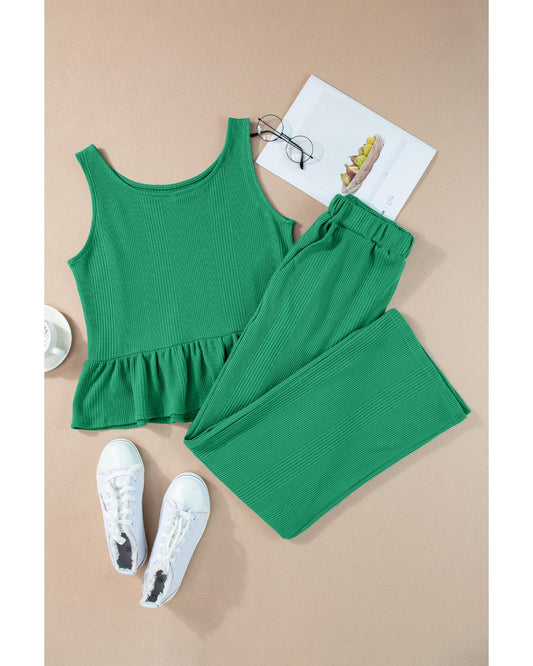 Ribbed Ruffle Tank Top and Pants Set
