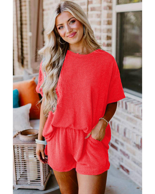 Ribbed Textured Knit Loose Fit Tee and Shorts Set