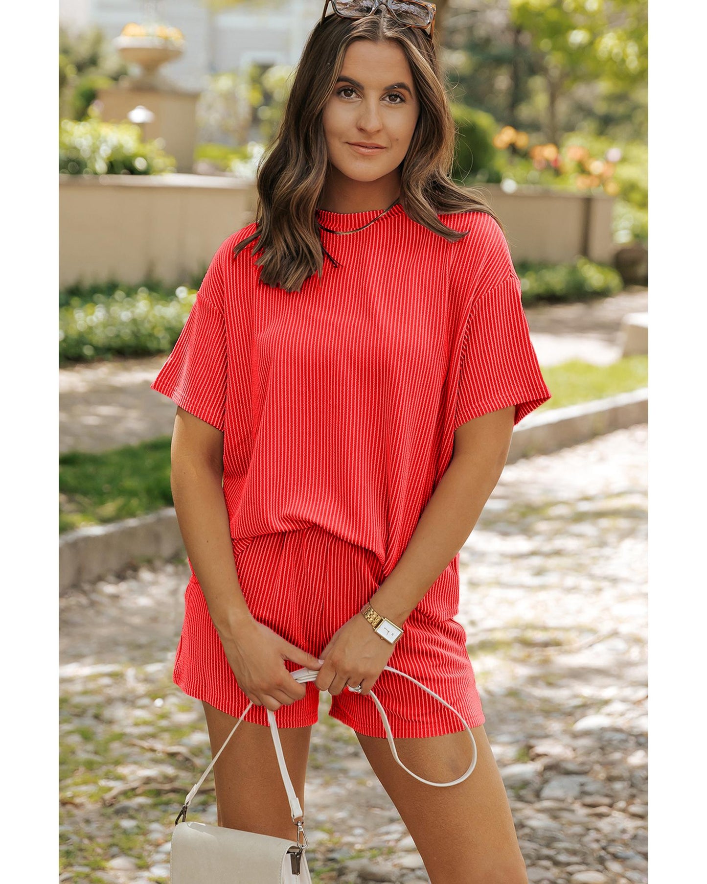 Ribbed Textured Knit Loose Fit Tee and Shorts Set