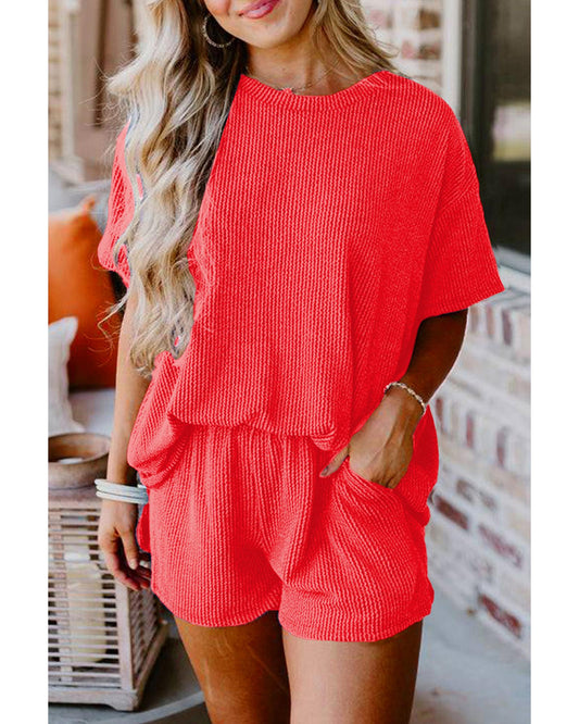 Ribbed Textured Knit Loose Fit Tee and Shorts Set