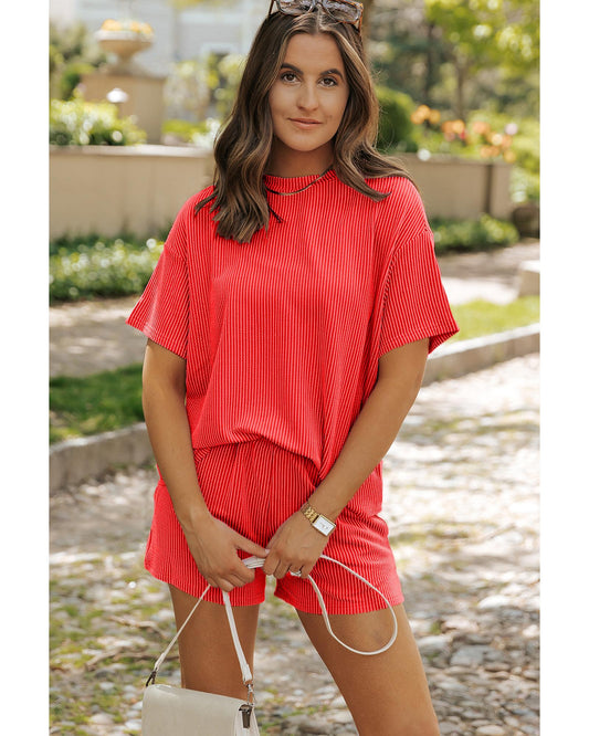 Ribbed Textured Knit Loose Fit Tee and Shorts Set
