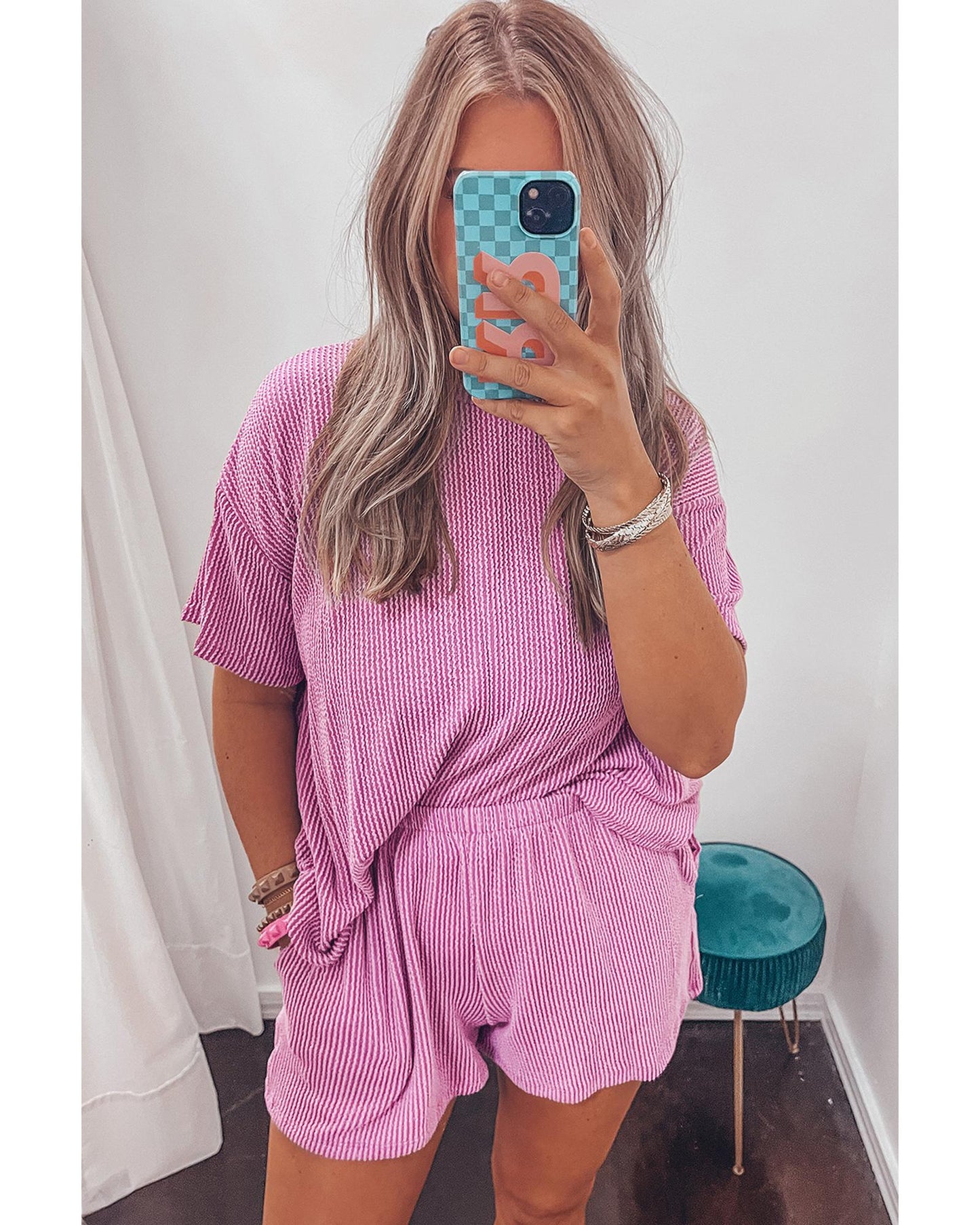 Ribbed Textured Knit Loose Fit Tee and Shorts Set