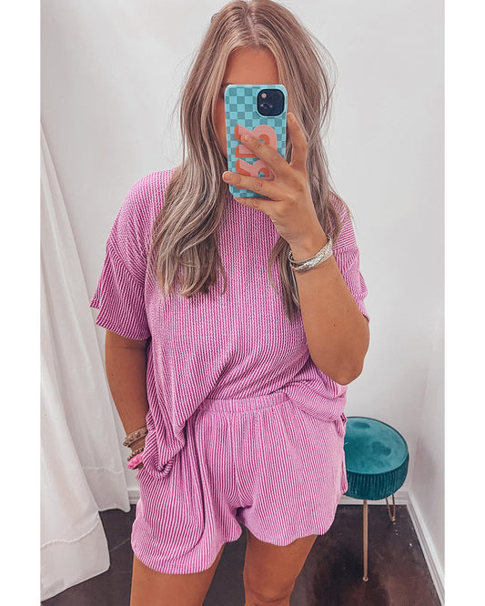 Ribbed Textured Knit Loose Fit Tee and Shorts Set