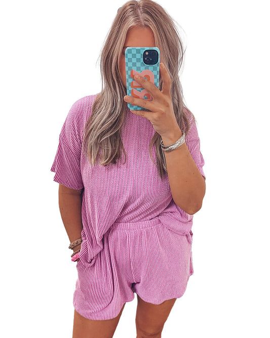Ribbed Textured Knit Loose Fit Tee and Shorts Set