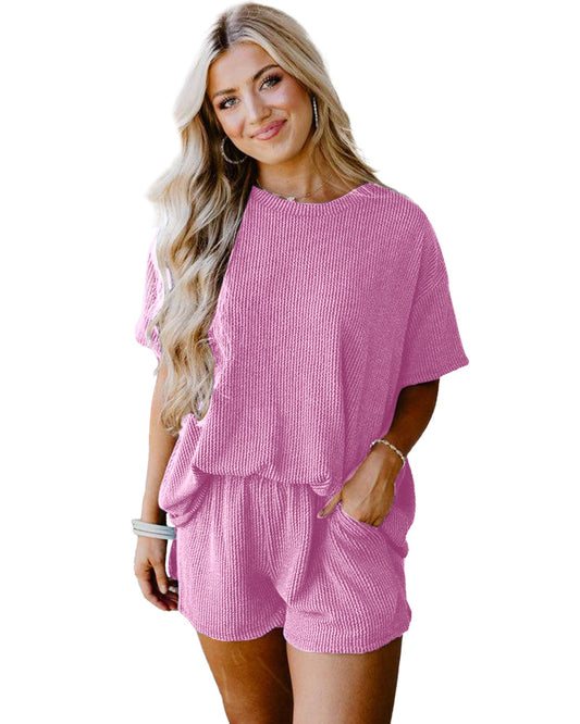 Ribbed Textured Knit Loose Fit Tee and Shorts Set