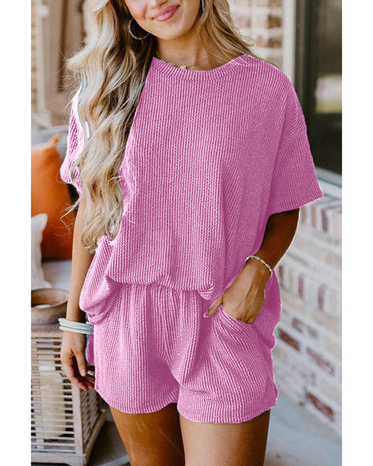 Ribbed Textured Knit Loose Fit Tee and Shorts Set