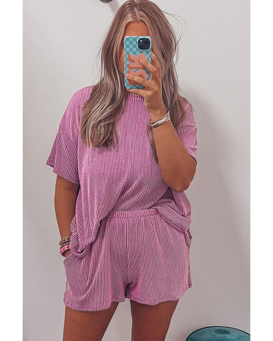 Ribbed Textured Knit Loose Fit Tee and Shorts Set